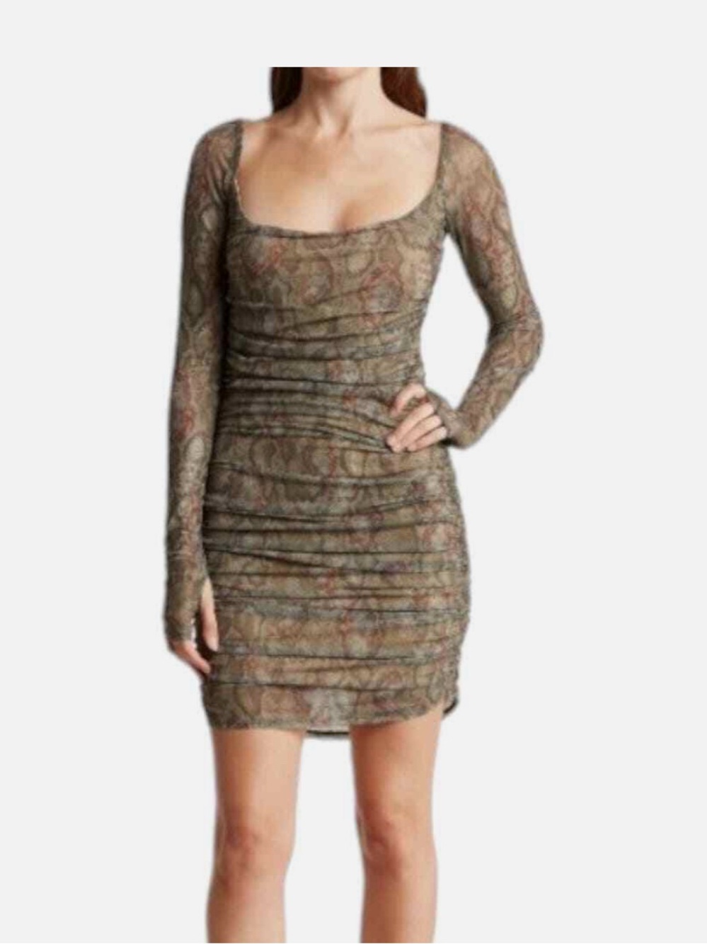 AFRM Spruce Snakeskin Gesine Long Sleeve Ruched Mini Dress, XL NWT